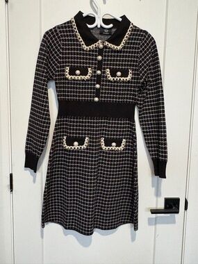 Pearl-Button Tweed Knit Dress with Braided Trim